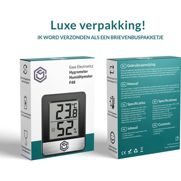 Ease Electronicz Hygrometer - Luchtvochtigheidsmeter - Digitaal Weerstation - Vochtigheidsmeter - Binnengebruik