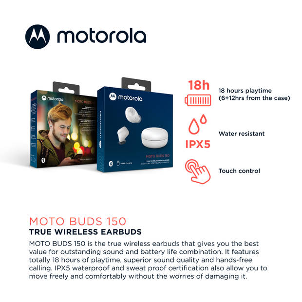 Motorola Sound Draadloze Oordopjes - MOTO BUDS 150 - Waterbestendig - 18-Uur Afspeeltijd - Wit