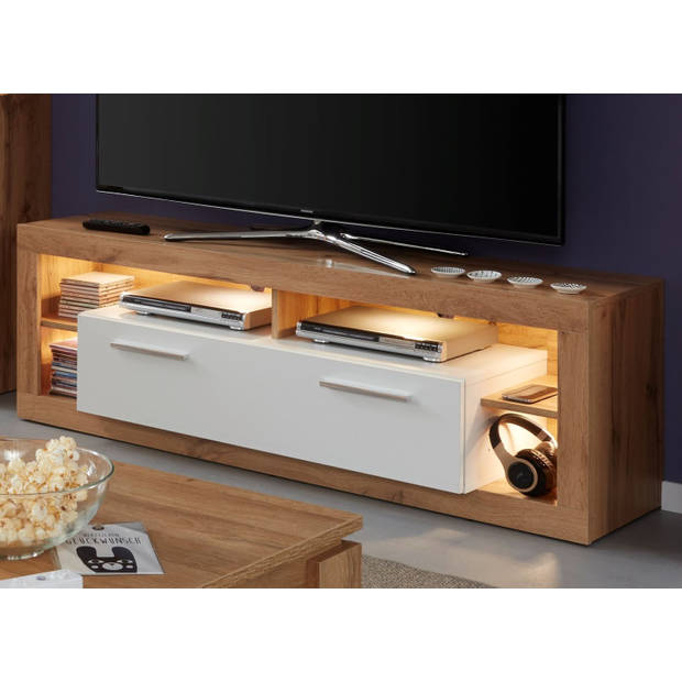 Rock TV-meubel 150 cm 1 deur, 4 open vakken Wotan Eiken decor, wit, wit hoogglans.