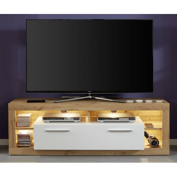 Rock TV-meubel 150 cm 1 deur, 4 open vakken Wotan Eiken decor, wit, wit hoogglans.