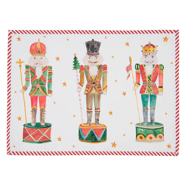 Clayre & Eef Placemats Kerst set van 6 48x33 cm Wit Rood Katoen Rechthoek Notenkrakers Tafelmat Wit Tafelmat