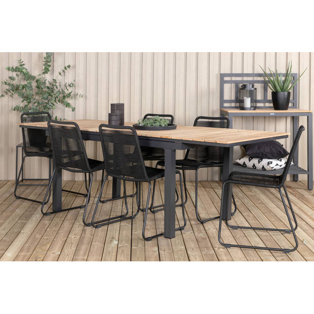 Mexico tuinmeubelset tafel 90x160/240cm en 6 stoel stapelS Lindos zwart, naturel.