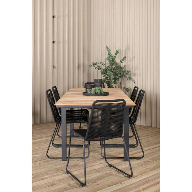 Mexico tuinmeubelset tafel 90x160/240cm en 6 stoel stapelS Lindos zwart, naturel.