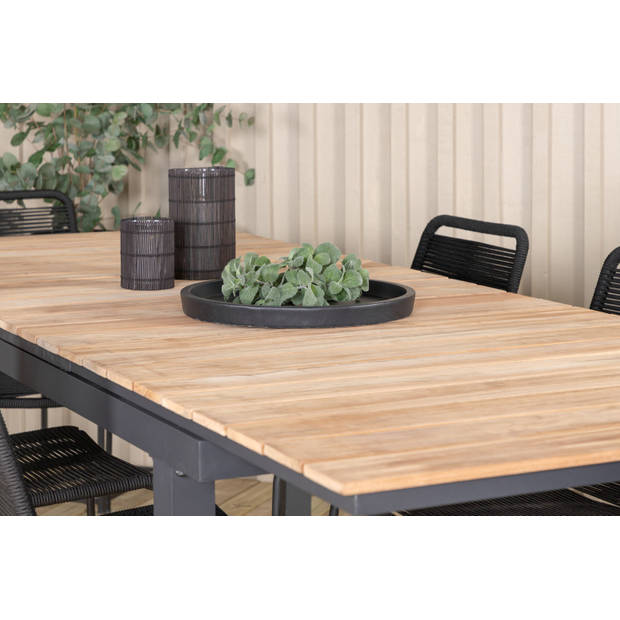 Mexico tuinmeubelset tafel 90x160/240cm en 6 stoel stapelS Lindos zwart, naturel.