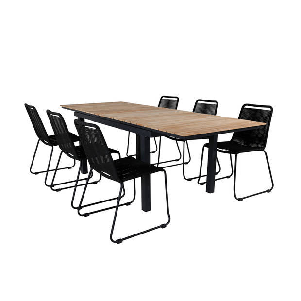 Mexico tuinmeubelset tafel 90x160/240cm en 6 stoel stapelS Lindos zwart, naturel.