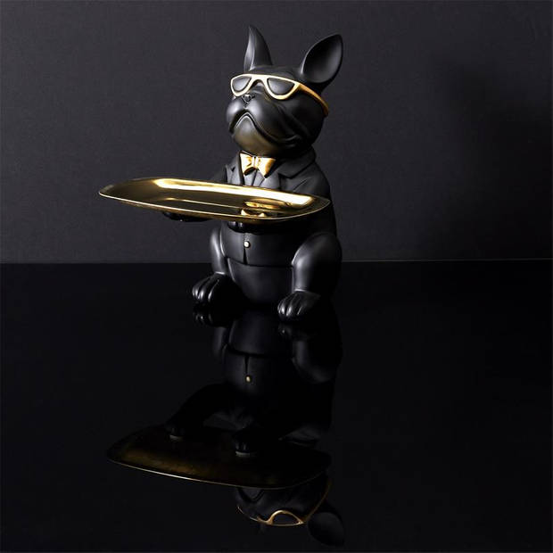 Beeld Bulldog met Goudkleurige dienblad - Zwart - H21 cm