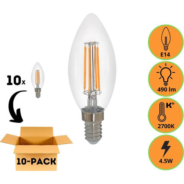 Proventa Filament ledlamp met kleine E14 fitting - A++ - Model Kaars - Set van 10 LED kaarslampen
