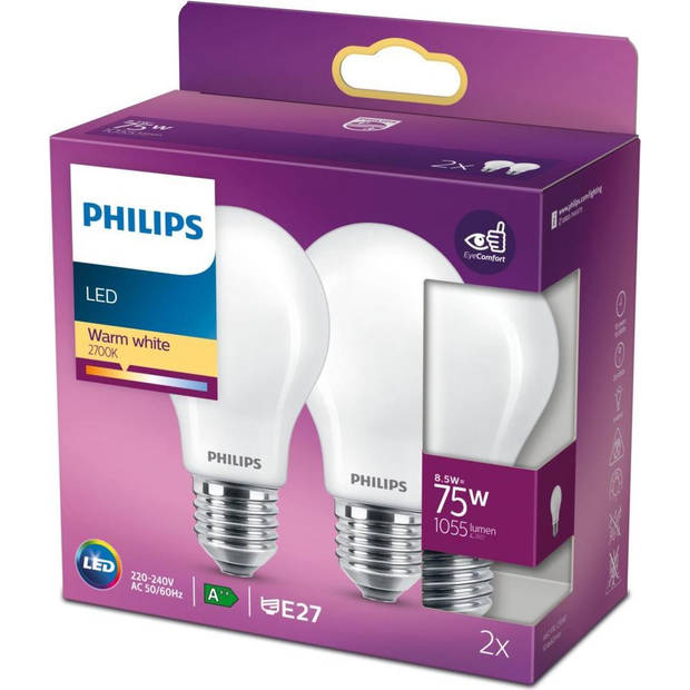 Philips LED Lamp - E27 - Mat - 75W - Warm Wit Licht - 2 stuks