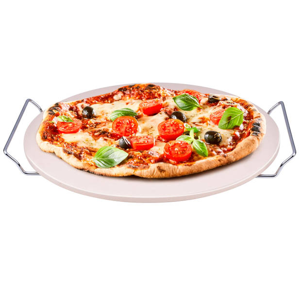 Pizzasteen BBQ/oven rond keramiek 33 cm met handvaten en zwarte pizzaschaar - Pizzaplaten