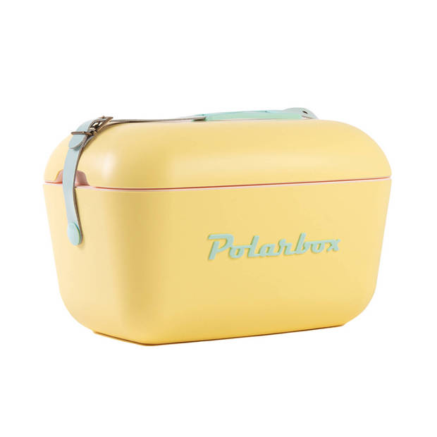 Polarbox Retro Koelbox Pop Geel – Blauwe Band – 12 Liter Inhoud – Duurzaam Geproduceerd