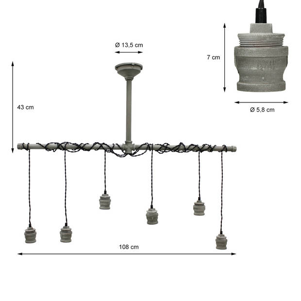 Lumineo ijzeren Hanglamp Industrieel 108cm - Grijs