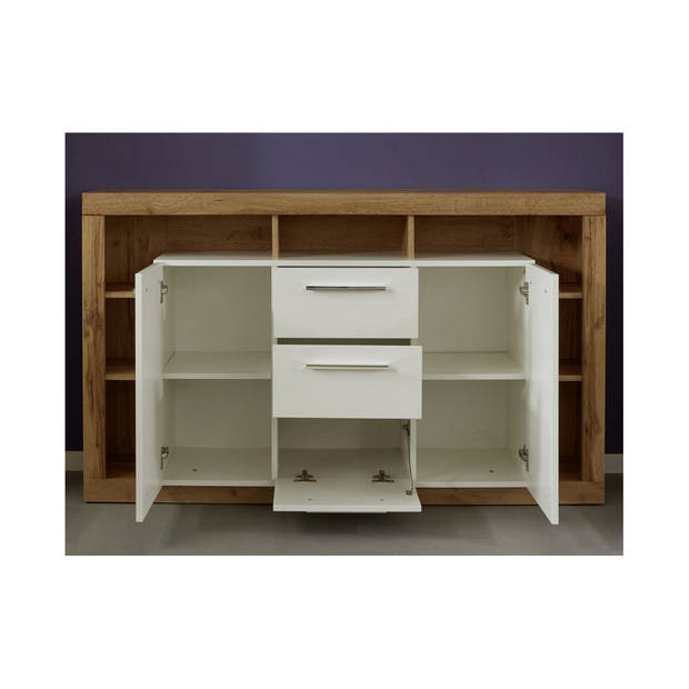 Rominia dressoir 2 deuren, 2 lades, 7 planken en 1 klep, eiken decor, wit, wit hoogglans.