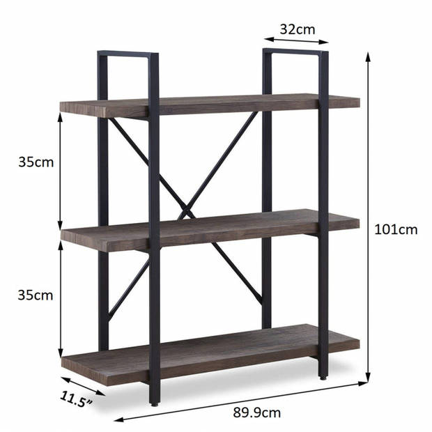 Wandkast Stoer metaal hout industrieel design open boekenkast 101 cm hoog zwart