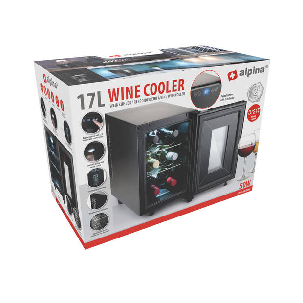 alpina Wijnkoelkast - 230V - 6 Flessen - Instelbare Temperatuur 11°C tot 18°C - Digitale Display - Zwart