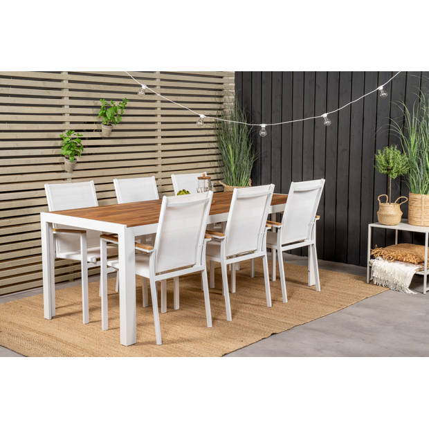 Bois tuinmeubelset tafel 90x205cm en 6 stoel Texas wit, naturel.