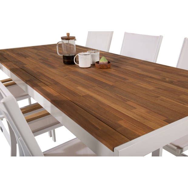 Bois tuinmeubelset tafel 90x205cm en 6 stoel Texas wit, naturel.