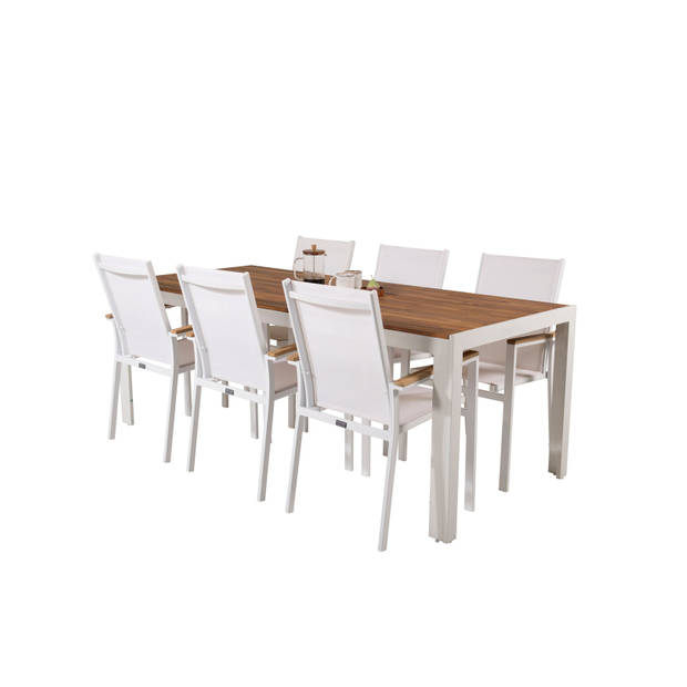 Bois tuinmeubelset tafel 90x205cm en 6 stoel Texas wit, naturel.