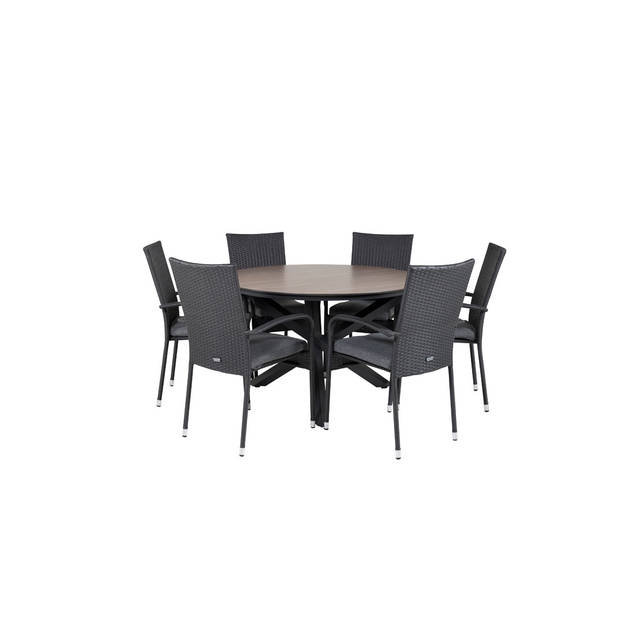 Llama tuinmeubelset tafel Ø120cm en 6 stoel Anna zwart, bruin.
