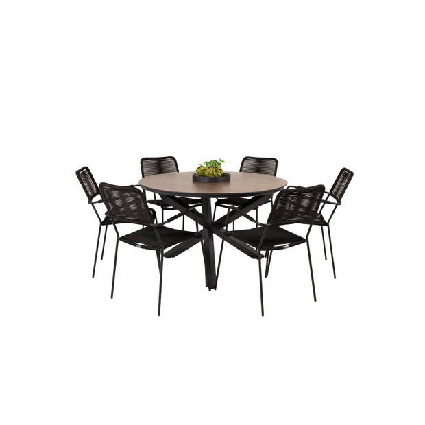 Llama tuinmeubelset tafel Ø120cm en 6 stoel armleuningS Lindos zwart, bruin.