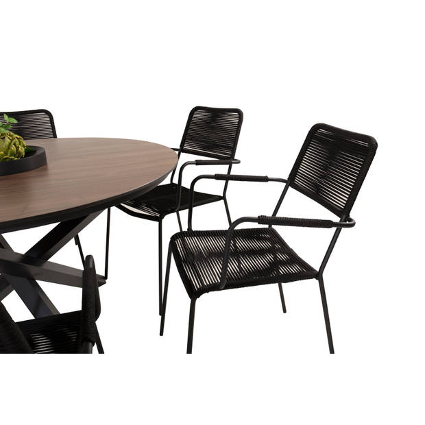 Llama tuinmeubelset tafel Ø120cm en 6 stoel armleuningS Lindos zwart, bruin.