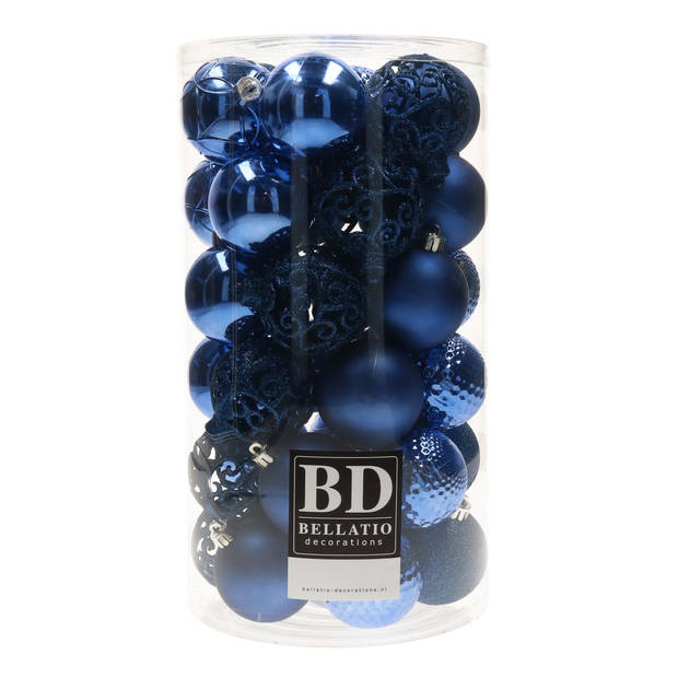 37x stuks kunststof kerstballen kobalt blauw 6 cm glans/mat/glitter mix - Kerstbal