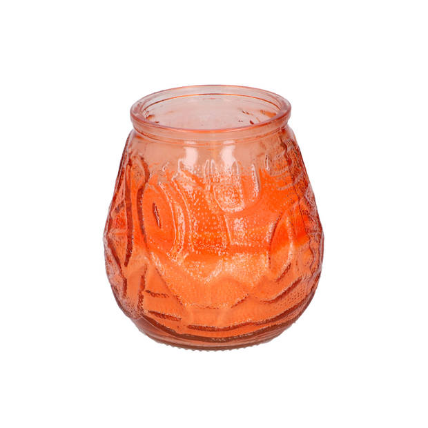 Arti Casa 4x stuks citronella Lowboy tafelkaarsen - 10 cm - oranje en paars glas - geurkaarsen