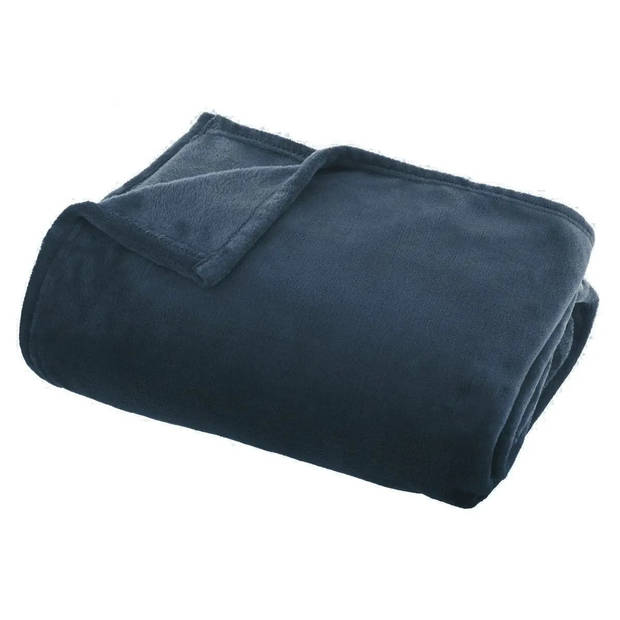 Fleece deken/plaid Navy Blauw 130 x 180 cm en een warmwater kruik 2 liter - Plaids