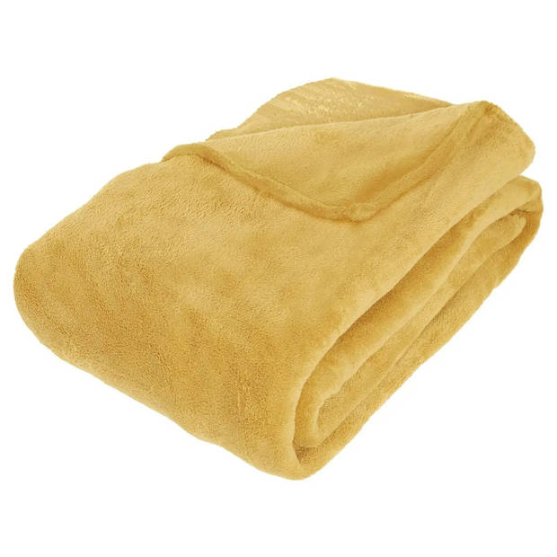 Fleece deken/plaid Okergeel 230 x 180 cm en een warmwater kruik 2 liter - Plaids