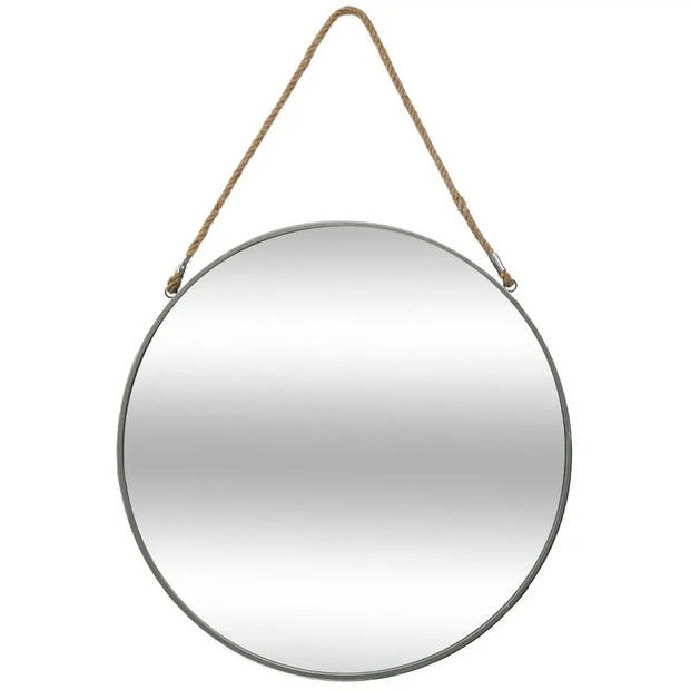 Spiegel/wandspiegel rond D55 cm metaal grijs met touw - Spiegels