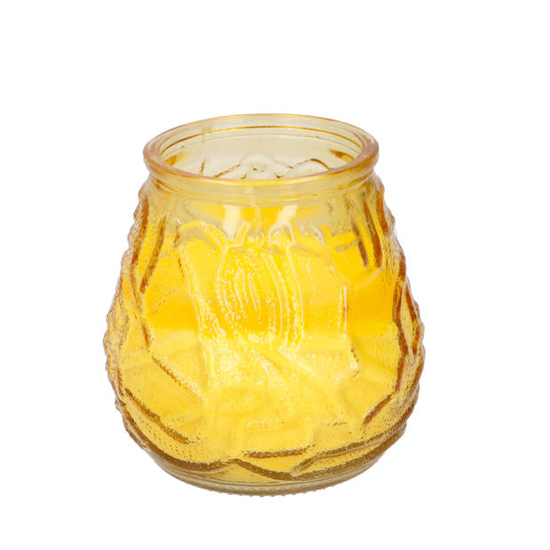 Arti Casa 4x stuks citronella Lowboy tafelkaarsen - 10 cm - geel en paars glas - geurkaarsen