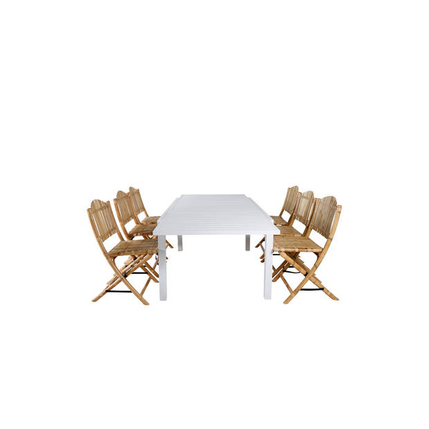 Marbella tuinmeubelset tafel 100x160/240cm en 6 stoel Cane lichtgrijs, naturel, wit.