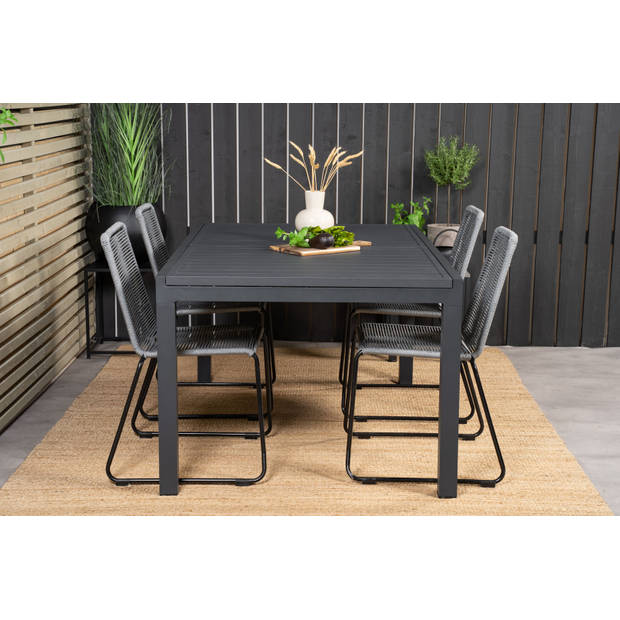 Marbella tuinmeubelset tafel 100x160/240cm en 4 stoel Lindos zwart.