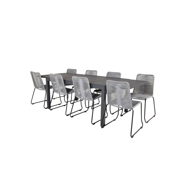 Marbella tuinmeubelset tafel 100x160/240cm en 8 stoel Lindos zwart.