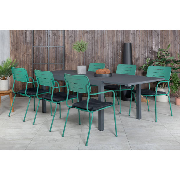 Marbella tuinmeubelset tafel 100x160/240cm en 6 stoel armleuningG Nicke groen, zwart.