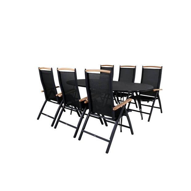 Viga tuinmeubelset tafel 100x200cm en 6 stoel 5pos Panama zwart.