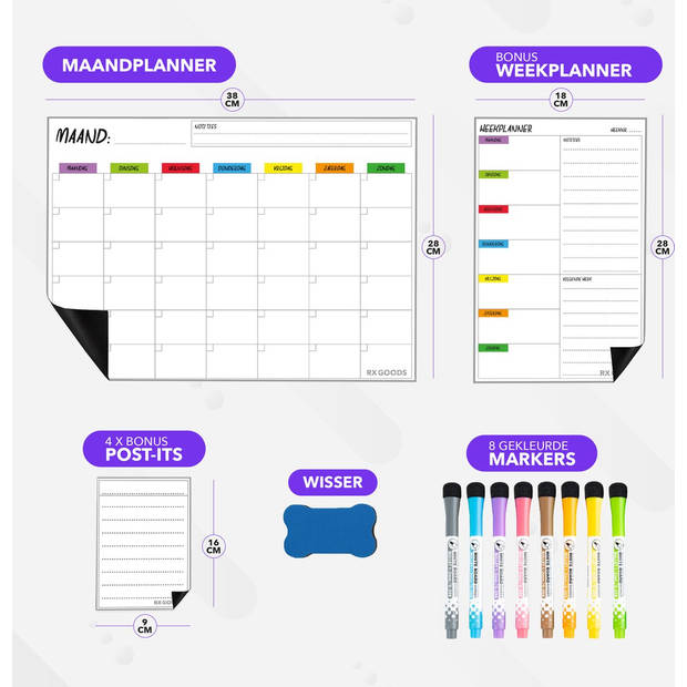 RX Goods Premium Magnetische Maandplanner Whiteboard Set met 8 Markers & Wisser – Incl. Weekplanner