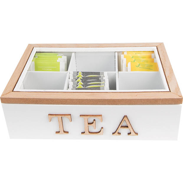 Clayre & Eef Theedoos 6 vakken 23x17x8 cm Wit Bruin MDF Glas Tea Theekist Wit Theekist