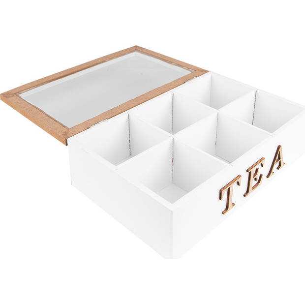 Clayre & Eef Theedoos 6 vakken 23x17x8 cm Wit Bruin MDF Glas Tea Theekist Wit Theekist