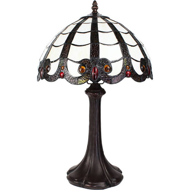 LumiLamp Tiffany Tafellamp 43 cm Wit Bruin Kunststof Glas Rond Tiffany Bureaulamp Wit Tiffany Bureaulamp