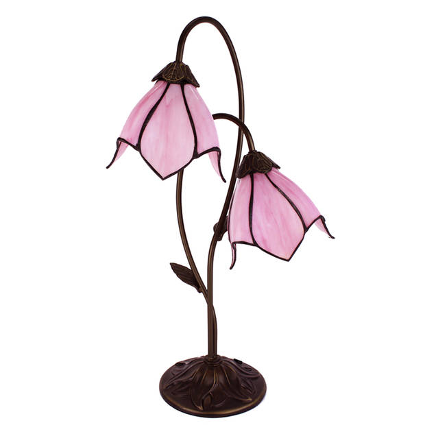 LumiLamp Tiffany Tafellamp 35x18x61 cm Bruin Roze Kunststof Glas Tiffany Bureaulamp Roze Tiffany Bureaulamp