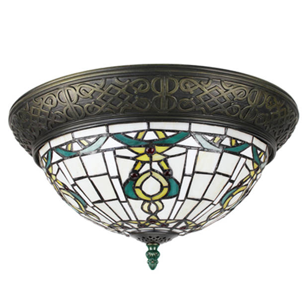 LumiLamp Plafondlamp Tiffany Ø 38 cm Beige Groen Kunststof Glas Rond Plafonniere Beige Plafonniere