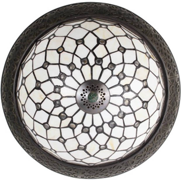 LumiLamp Plafondlamp Tiffany Ø 38 cm Wit Bruin Kunststof Glas Rond Plafonniere Wit Plafonniere