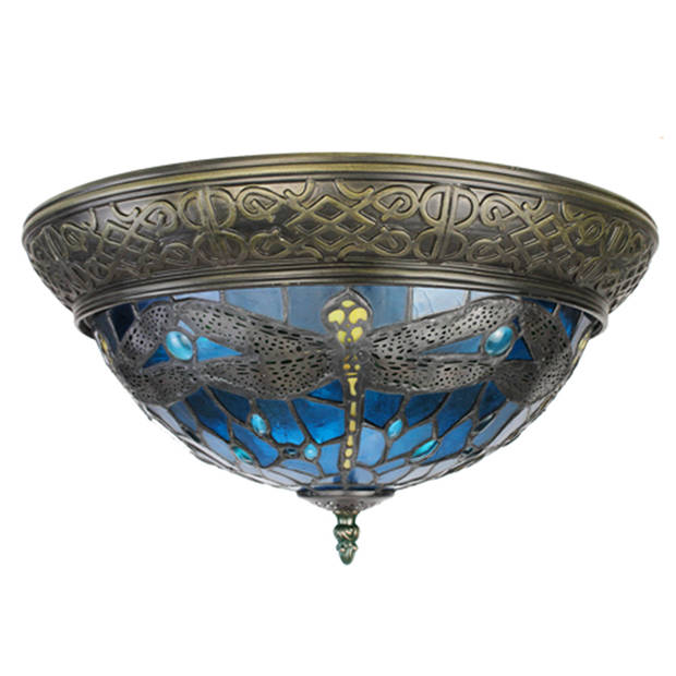 LumiLamp Plafondlamp Tiffany Ø 38 cm Blauw Bruin Kunststof Glas Rond Plafonniere Blauw Plafonniere