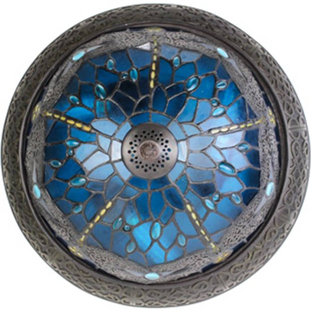 LumiLamp Plafondlamp Tiffany Ø 38 cm Blauw Bruin Kunststof Glas Rond Plafonniere Blauw Plafonniere