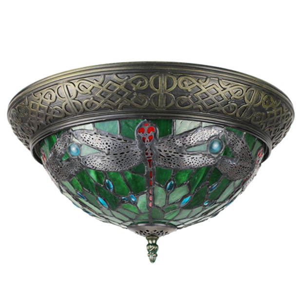 LumiLamp Plafondlamp Tiffany Ø 38 cm Groen Bruin Kunststof Glas Rond Plafonniere Groen Plafonniere