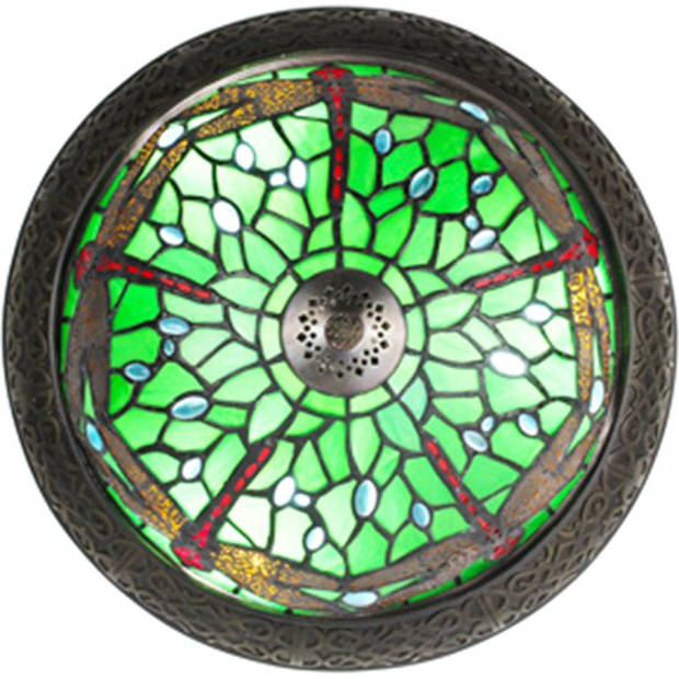 LumiLamp Plafondlamp Tiffany Ø 38 cm Groen Bruin Kunststof Glas Rond Plafonniere Groen Plafonniere