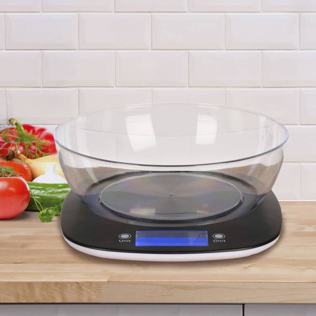 Digitale keukenweegschaal met kom van kunststof zwart max 5 kilo - Keukenweegschaal