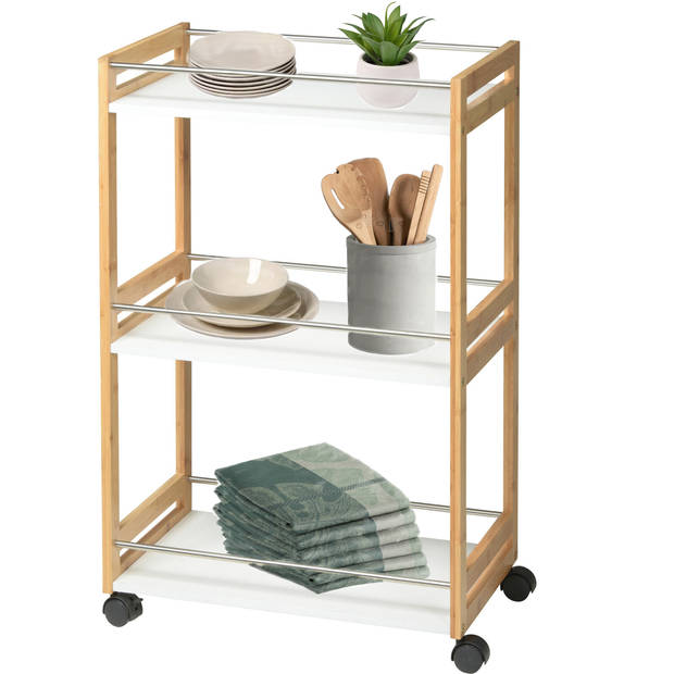 Keuken opberg trolley/roltafel met 3 plankjes - bruin/wit - bamboe - 51 x 30 x 80 cm - Opberg trolley
