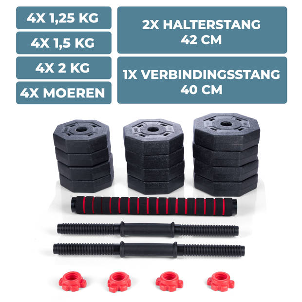 Umbro Halterset - 19 Stuks - Barbell en Dumbells - Gewichten van 1.25 KG, 1.5KG en 2KG - Kunststof
