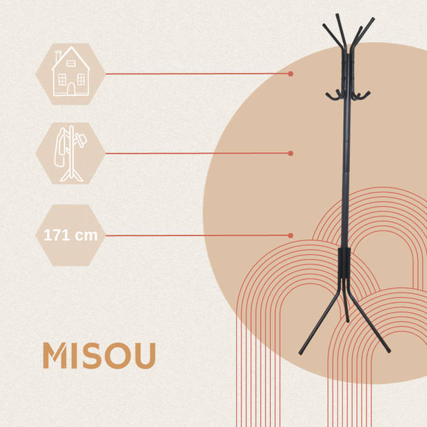 MISOU Kapstok - Staand - 8 haken - Zwart - Metaal - 171 cm - Industrieel